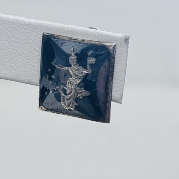 Vintage Siam Silver Earrings Black Enamel Clip On Square Dancer - Picture 3 of 12